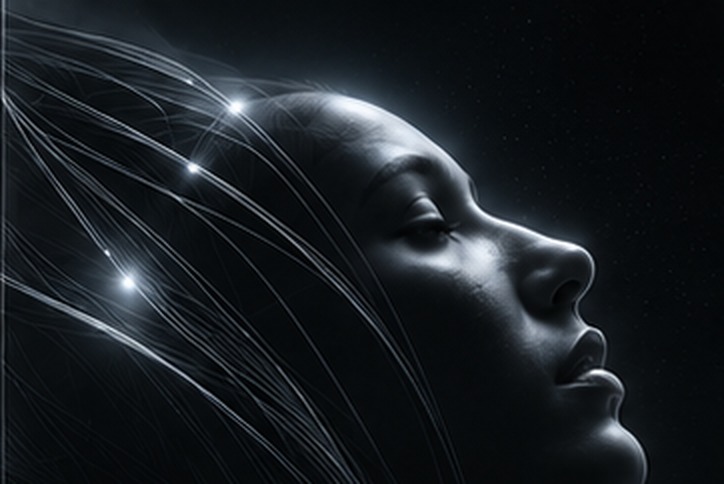 A face in profile, eyes closed, threads of light passing through.