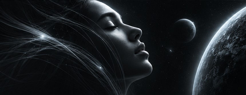 A face in profile against a dark planetary horizon, threads of light passing through.